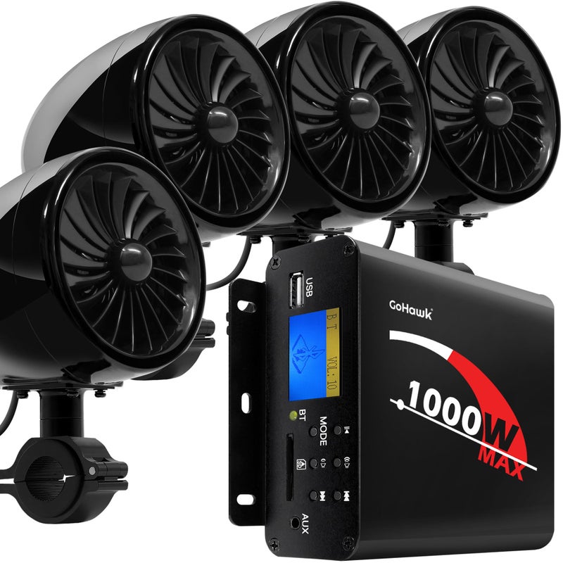 GoHawk سماعات ومكبر صوت دراجة نارية GoHawk، نظام صوتي 1000 واط بلوتوث مقاوم للعوامل الجوية 4 بوصة، نظام صوتي راديو AUX USB SD راديو FM، تحكم في الصوت، متوافق مع ATV UTV - Image 1